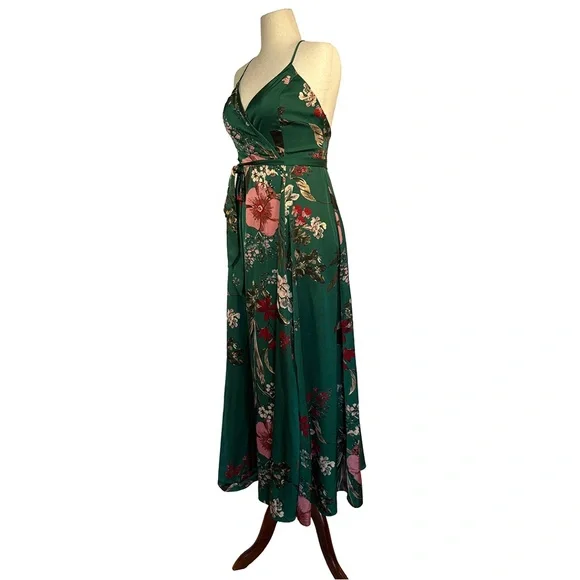 Lulus Still the One Emerald Green Floral Print Satin Maxi Dress | Size Large - Picture 8 of 8